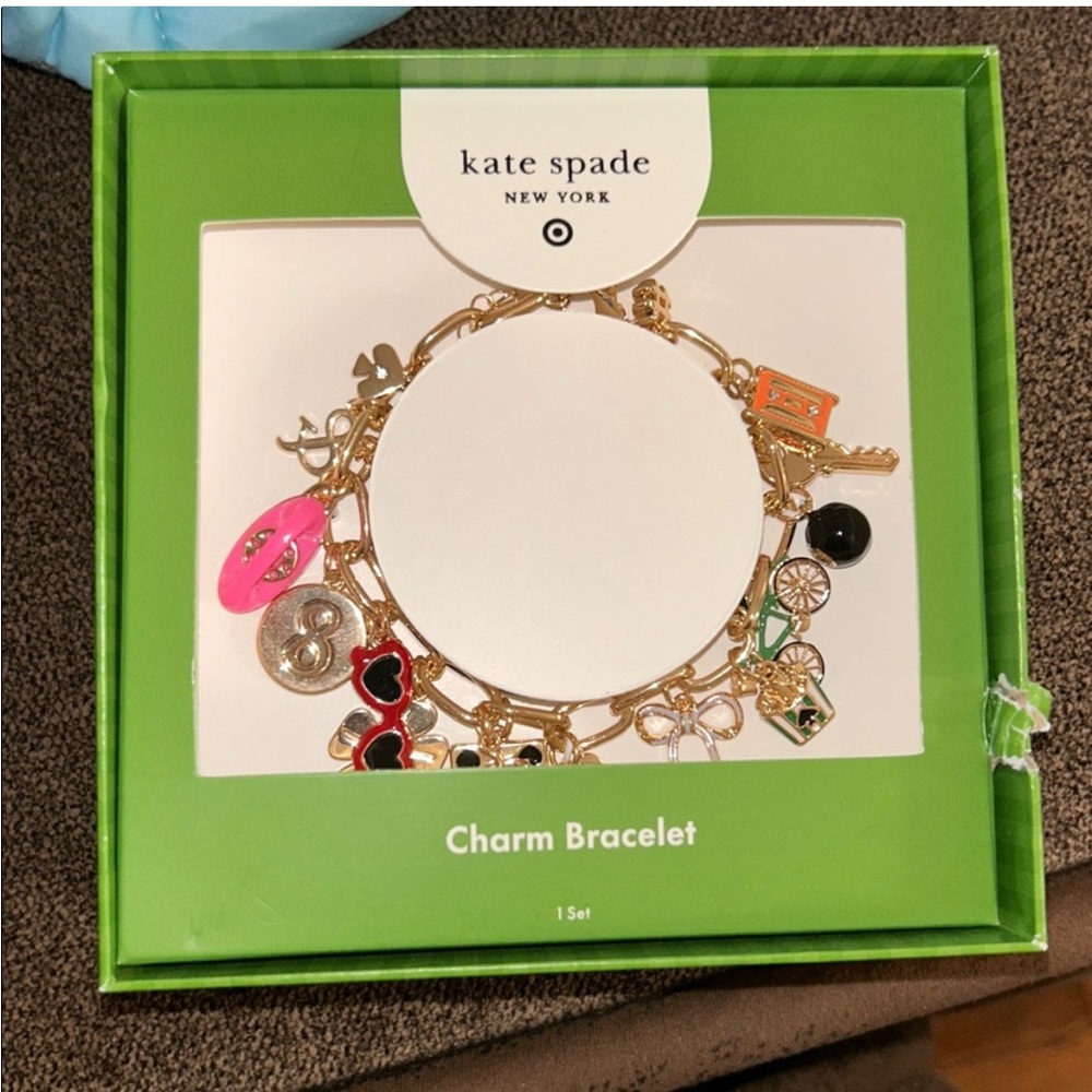 Kate Spade Gold Charm Bracelet with Pink and Black Accents-New in Box